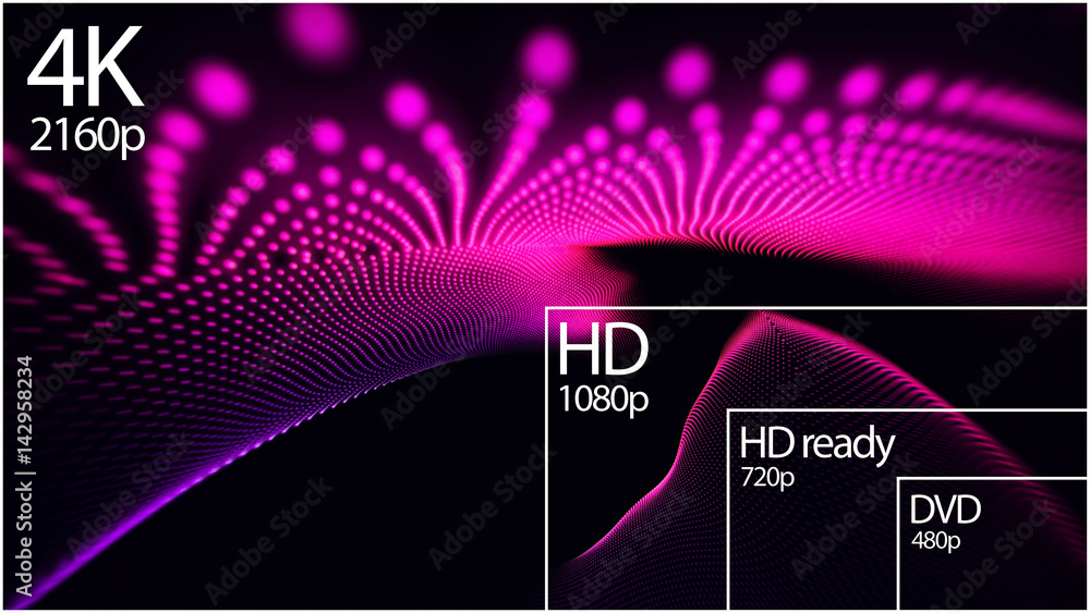 Poster 4k television resolution display with comparison of resolutions. 3d render