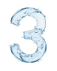 Number 3 made with a splashes of water isolated on white background