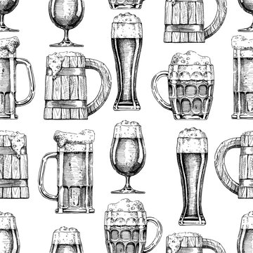 seamless pattern with different beer glasses and mugs