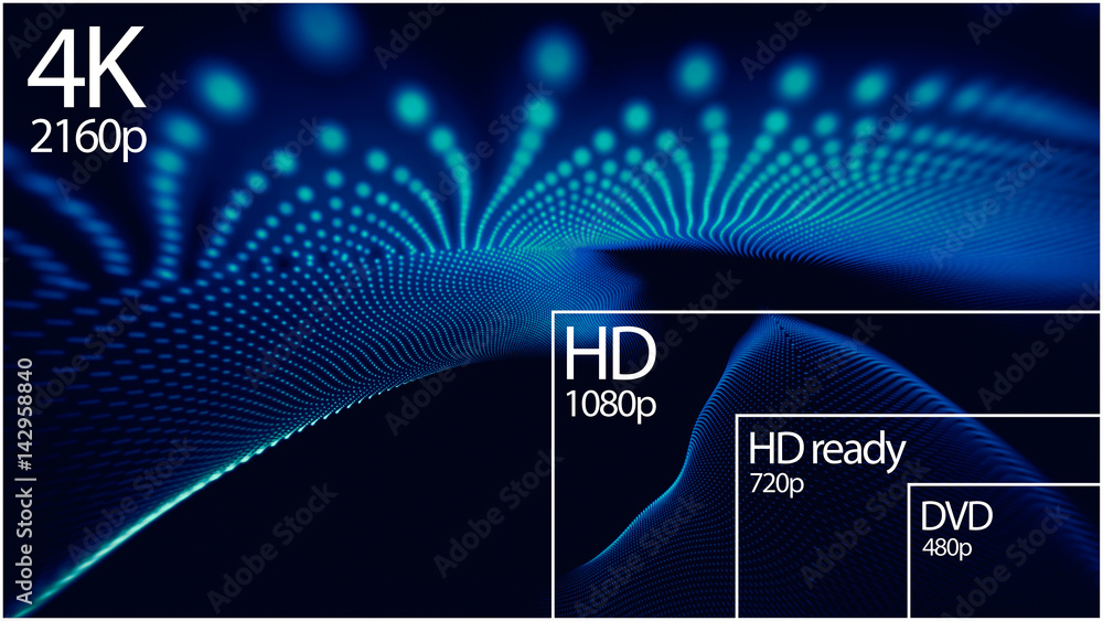 Poster 4k television resolution display with comparison of resolutions. 3d render