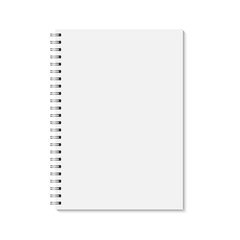 Vector realistic closed notebook. Vertical blank copybook with metallic silver spiral. Template (mock up) of organizer or diary isolated.