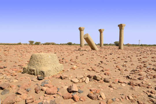 Granite columns of the ruined church on an island Sai, Sudan
