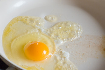 Fried egg on the white ceramic pan. Close Up