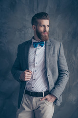 Portrait of stylish serious minded brutal young man with red mustache, beard and beautiful...