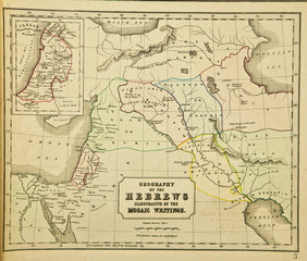 Fototapeta na wymiar Geography of the Hebrews illustrative of the Mosaic writtings. Ancient map of the world . Published by George Philip and son at London 1857 and are not subject to copyright.