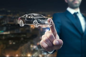 Businessman pressing car front view flat icon over city background