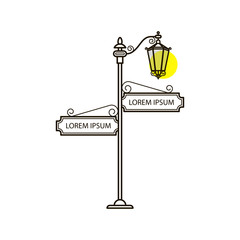 Vector streetlight in flat style with sign. Vintage outdoor light. Exterior illuminator with pointer. Street lamppost and banner blank advertisement. Trditional frame. Ancient architecture.