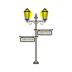 Vector streetlight in flat style with sign. Vintage outdoor light. Exterior illuminator with pointer. Street lamppost and banner blank advertisement. Trditional frame. Ancient architecture.