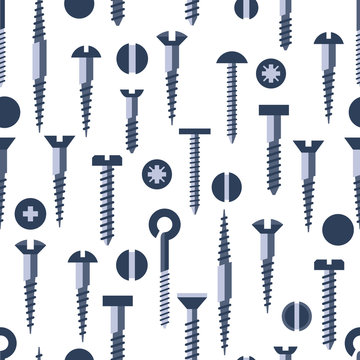 Vector screws nails and wall plugs flat icon seamless pattern. Nuts set. Constructor elements illustration. Repair bolt silhouettes. Building tools symbols.
