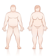 Fat people - overweight man and woman - front view - isolated outline vector illustration.