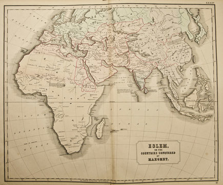Eslem of the countres conquered by Mahomet. Ancient map of the world . Published by George Philip and son at London 1857 and  are not subject to copyright.