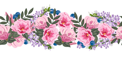 Seamless floral border with cute pink flowers. Hand-drawn pattern on white  background. Design element for cards, invitations, wedding, congratulations.