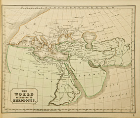Ancient map of the world The world according to Herodotus. Published by George Philip and son at London 1857 and  are not subject to copyright.
