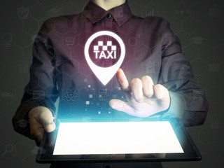 Image of a girl with tablet pc in her hands and taxi icon. Search, order, and rating of taxi services.