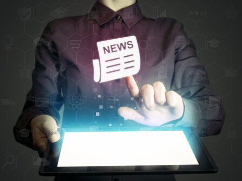 Image of a girl with tablet pc in her hands and news icon. Concept of news sources and media.