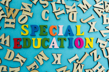 The word "special education" is laid out from multicolored letters on a blue background.