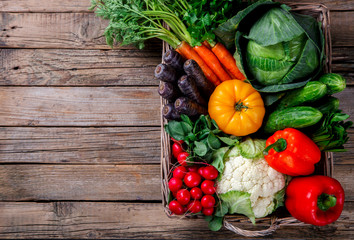 Big Basket with different Fresh Farm Vegetables. Harvest. Food or Healthy diet concept.Vegetarian.Copy space for Text.selective focus.