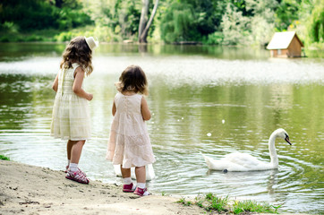Two little girls feeding swans. Mothers day