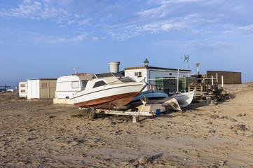 Caravan village of fishermen at the seaside in Majanicho Fuerteventura.