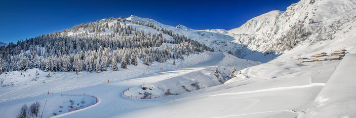 Fototapeta na wymiar Trees and skiing slopes covered by fresh new snow in Tyrolian skiing resort Zillertal arena, Austria.