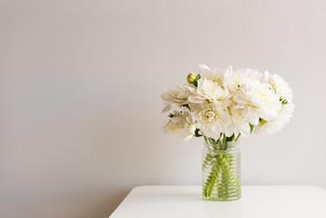 White dahlias in glass jar on white table against neutral background with copy space to left (selective focus)