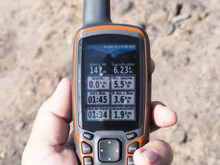 GPS handheld system in a mans hand with data on it’s display