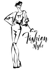 Black and white retro fashion model silhouette sketch style. Hand drawn vector illustration