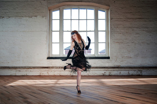 Beautiful Flapper Dancer With Black Bugle Bead See Through Dress, Head Dress And Long Red Hair; Dancing