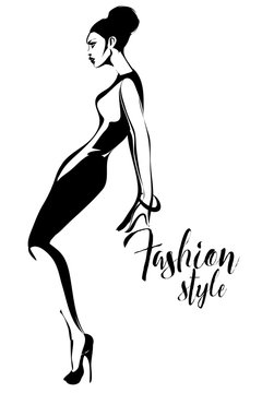 Black and white retro fashion model silhouette sketch style. Hand drawn vector illustration