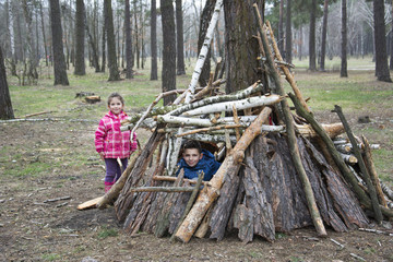 In the spring in a pine forest, a brother with a small sister built a hut of sticks.