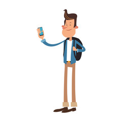 man holding a smartphone, cartoon icon over white background. colorful design. vector illustration