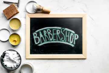 barbershop for men with tools on white background top view