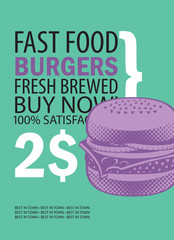 vector banner for fast food restaurant with burger and text on green background