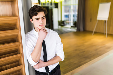 Business man thinking sitting office working place thoughtful businessman looking copy space