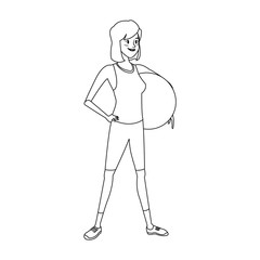 woman wearing sport clothes and holding a ball, cartoon icon over white background. vector illustration