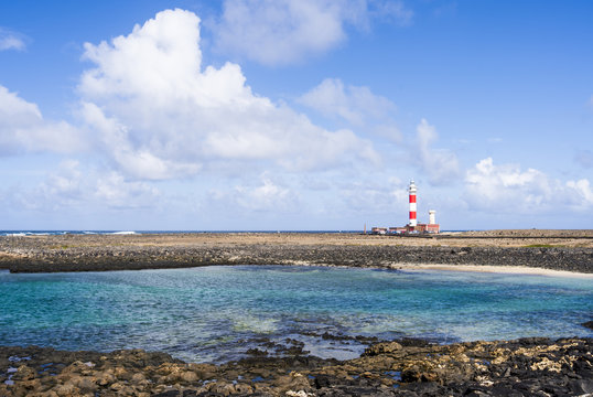 Lighthouse Faro del Tost&oacute;n at the north cape of Fuerteventura Canary Islands near the village El Cotillo.