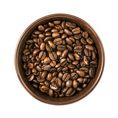 cup with coffee beans isolated on white background. Top view