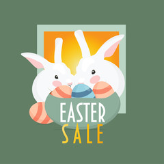 Easter Sale Promotion Template. Easter eggs in the basket and two cute easter bunnies. 