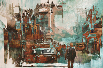man walking in city street with abstract painting texture, illustration art - obrazy, fototapety, plakaty
