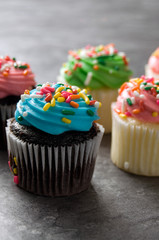 Green and Blues Easter Muffins with Sprinkles on Granite Counter