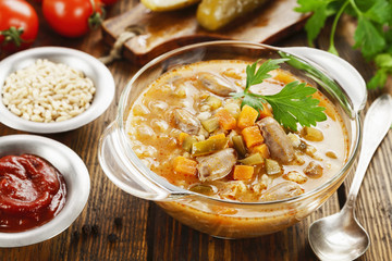 Rassolnik with chicken giblets