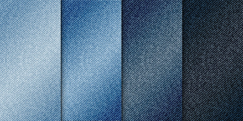 Vector various blue color jeans backgrounds, realistic denim cloth illustration, set of vertical banners with blue denim texture. - 142974812