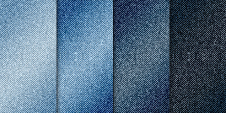 Vector various blue color jeans backgrounds, realistic denim cloth illustration, set of vertical banners with blue denim texture.