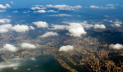 hong kong skyline, view from a flying airplane.