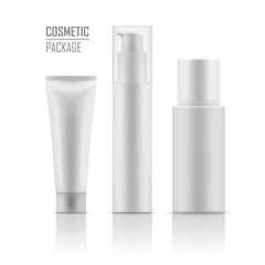 Set of blank template of white plastic packages: tube with hand cream, container for liquid lotion, bottle with dispenser pump. Vector collection of empty realistic mockup for cosmetic products.