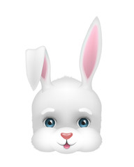 Baby face of funny bunny. Easter spring symbol. Vector illustration of cute and happy white rabbit head. Cartoon character icon isolated on background. Design for logo, banner, card