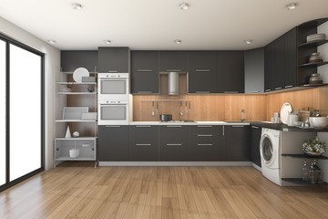 3d rendering loft modern black kitchen with wood decor