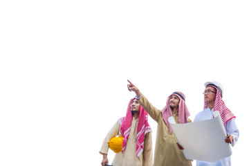 Portrait of arabian engineer talking about saudi job and verify the blueprint with commitment to success on isolated white background
