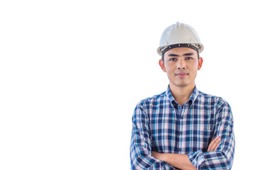 Portrait of engineer wear white safety helmet on isolated white backgrouond