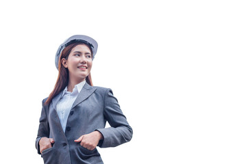 Portrait of beautiful young engineer woman wear a white safety helmet smiling with commitment to success on white isolated background